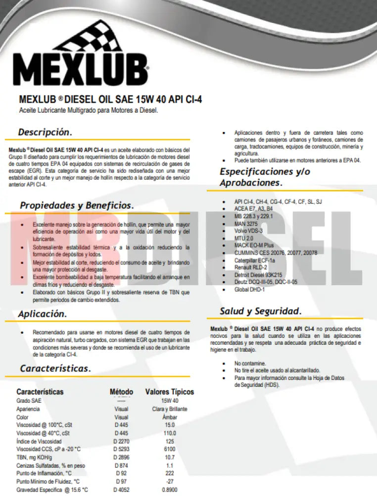 ACEITE DIESEL 15W40 CI4 MEXLUB 19LTS ACEITES
