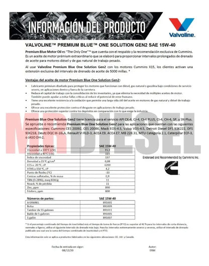 ACEITE DIESEL 15W40 CK4 VALVOLINE CUMMINS 19LTS ACEITES