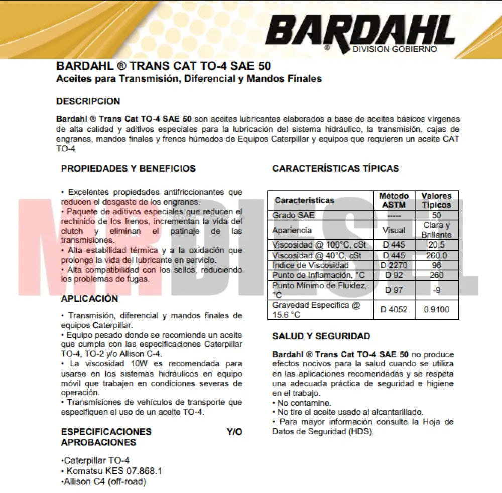 ACEITE DIESEL CAT TO 4 SAE 50 19LTS BARDAHL